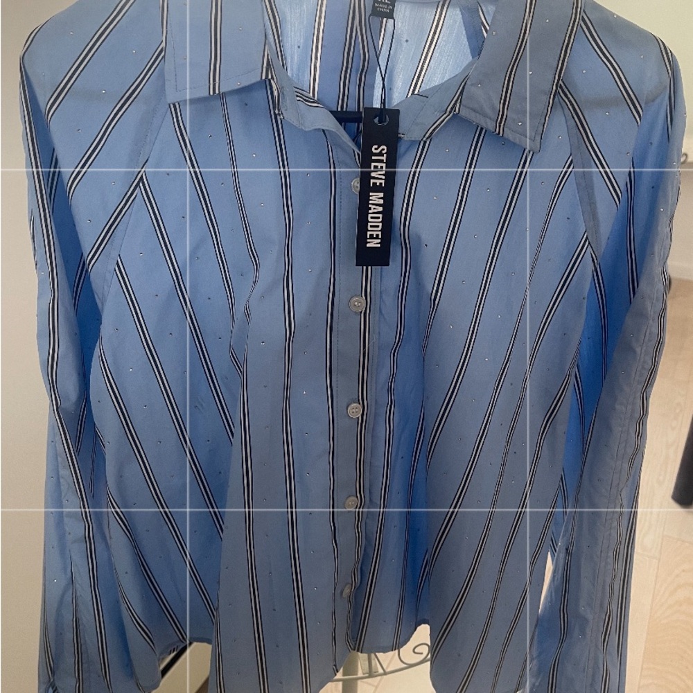 NWT! Steve Madden Light Blue Striped Button-Up Shirt with Rhinestones